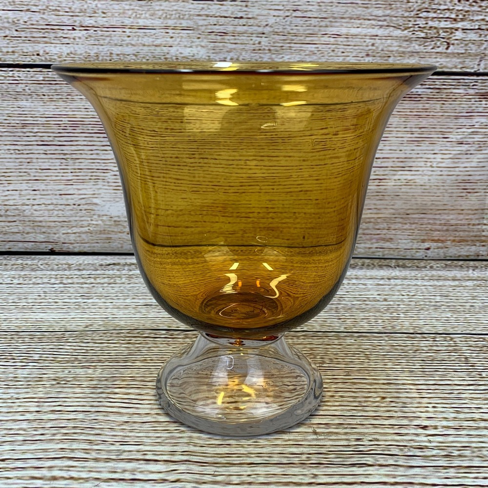 Amber Gold‎ Glass Vase * Candle Holder Footed Pedestal Trumpet Shaped Home Decor